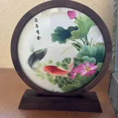 蘇州 蘇繍 両面刺繍 金魚 縁起物 天然木材座 中国工芸品 八角形 風水