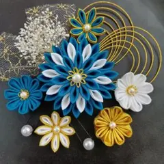 髪飾り　つまみ細工　成人式　卒業式　結婚式　七五三　青緑　白　金
