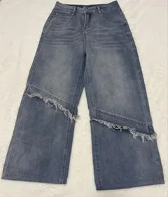 ライトブルーカットオフデニムパンツ y2k バギーパンツ