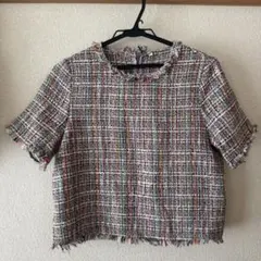 ZARA ツイード調 半袖トップス フリンジ加工 バックジップのサムネイル