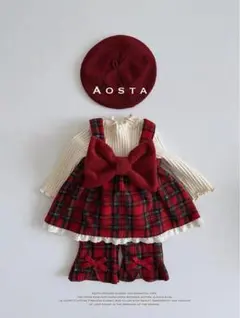 チェックリボン　チェック柄　ワンピース 90 クリスマス