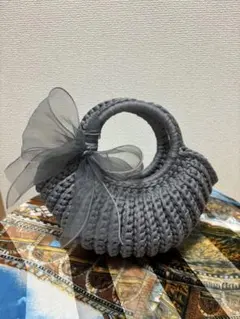 【ハンドメイド】グレー　Tシャツヤーン　DIYかぎ編み  リングハンドルバッグ