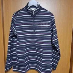 ハーフジップ ハイネック長袖シャツ　ストライプ　黒白紫灰色　ジャージ素材