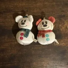 ミッキーマウス　ミニーマウスの雪だるまストラップ 2体セット