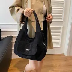 コーデュロイ トートバッグ ショルダーバッグ ハンドバッグ ブラック ポケット