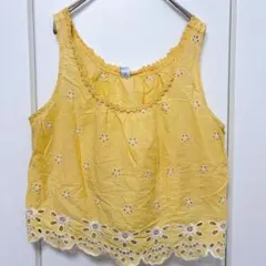 オールドネイビー タンクトップ 花柄 刺繍 ノースリーブ L 黄 綿 お出かけ
