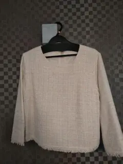 《美品》レディース オフホワイト ツイード フリンジ裾 トップス L