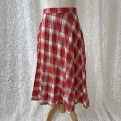 赤チェック　フレアプリーツスカート　昭和レトロ　春夏　レトロヴィンテージ