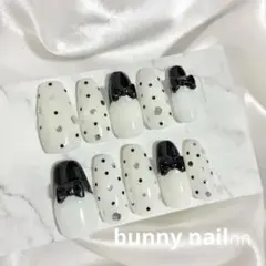 【現品】ネイルチップ　リボンネイル　ドットネイルフレンチネイル　ホワイトネイル