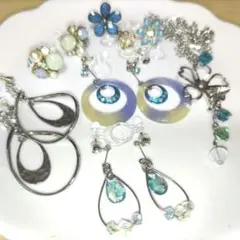 アクセサリー　イヤリング　ノンホール　ネックレス　ブルー　青　まとめ　セットのサムネイル