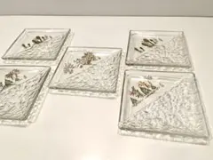 ガラス　四角　小皿　デザート皿　つくし　たけのこ　猫柳　春　スクエアプレート