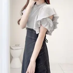 mily bilet Lサイズ ダブルフリル袖チェックレースドッキングワンピース
