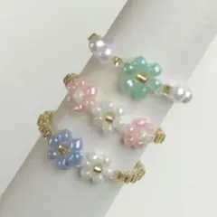 【ハンドメイド】花モチーフビーズリング3個セット ペールカラー