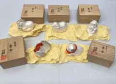 ①小刀屋忠兵衛作 干支香合（開運子・笠丑・白虎・雲龍・巳）5点 まとめ 木箱入 ①小刀屋忠兵衛作 干支香合（開運子・笠丑・白虎・雲龍・巳）5点