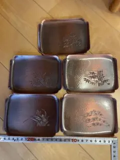 銅工芸品　菓子器 5枚セット 松竹梅花　菓子皿 銘々皿 角皿 金属工芸