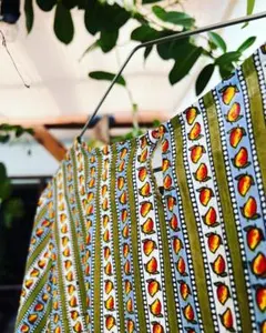 インド綿　マンシャツ　ストライプ　フルーツ柄五分袖トップス