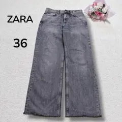 【ザラZARA】ワイドストレートデニムパンツ　グレー　カットオフ　大人カジュアルのサムネイル