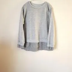 【レディース】グレー ストライプ裾付き 長袖トップス♪