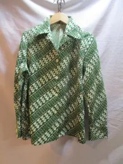 60s70s80s vintage  緑グリーン 幾何学模様  レトロシャツ