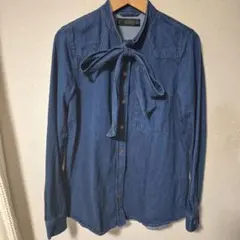 ZARA Trafaluc ダークブルー リボン付きシャツ M