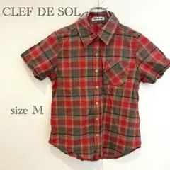 CLEF DE SOL ラメ入りチェックシャツ 半袖 M 赤ブラウン 綿100のサムネイル