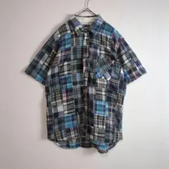 半袖シャツ (XL) パッチワーク チェック柄 インド製 ボタン止 古着のサムネイル