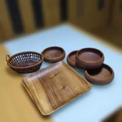 木製トレイ &木製ボール& 籐バスケット ６点セット