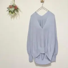 エニィシィス 【M】 Vネック ニット コットン混 春色 ライトブルー オフィス