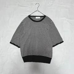 オペークドットクリップ　ボーダーニット 半袖 ブラック×ベージュ