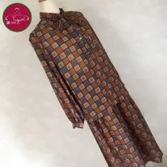 レトロ セットアップ リボンタイ ブラウス スカート チェック柄フレア 古着 茶