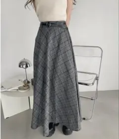 チェック柄フレアロングスカート ベルト付き Mサイズ