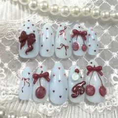 水色 赤 さくらんぼネイルチップ