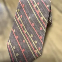 「イタリア製」「シルク100%」ストライプ ドット ネクタイ グレー ピンク