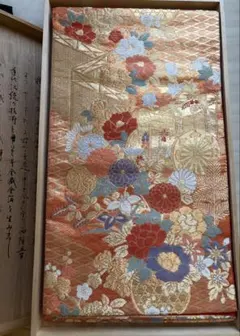 【美品】華やかな花柄 袋帯 シルク　振袖　結婚式　六通柄