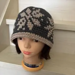 【手編み】雪の結晶模様のニット帽