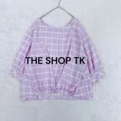 チェック柄ブラウス パープル 薄手 ドレープ 立体シルエット ゆったり 差し色♪