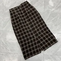 エムズエキサイト チェック柄 タイトスカート 茶色 ボタンフロント ミディ丈