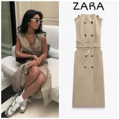 ZARA　ギャバジンワンピース ベルト　Lサイズ　ベージュ系