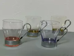 食器　耐熱ガラス　取っ手付きカップ　ステンレス製　4個　コップ　昭和レトロ