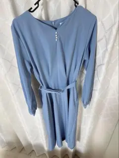 フォーマル ブルーワンピース Sサイズ パールボタン 長袖 シンプル 上品