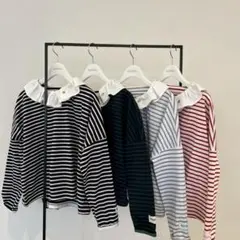 cloud frill border tops／ホワイトブルーグレー長袖トップス