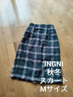 イング ウール混 ウエストゴム 膝丈 タイトスカート チェック ネイビー M