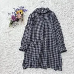 美品＊無印良品　綿100　長袖ロングシャツ　ガーゼブラウス　チェック　グレー系