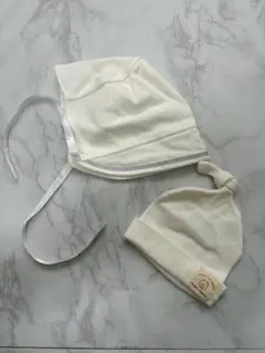 【水通しのみ】ベビー帽子 2点セット 新生児 ボンネット & ニット帽 白