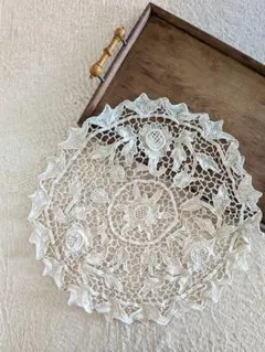 フランスアンティーク 刺繍 カットワーク テーブルセンター レース 白