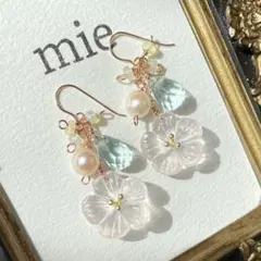 14kgf ピンクゴールド 初桜*. カービング ローズクォーツ ピアス