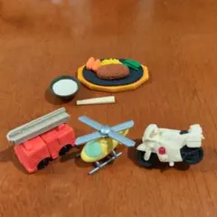 イワコーおもしろ消しゴム　ハンバーグ　ご飯　お箸　消防車　ヘリコプター　白バイ