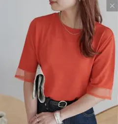 【万能トップス/毎年大人気】シアー袖切替5分袖Tシャツ　オレンジ