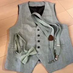 ライトグリーン ベスト 蝶ネクタイ サスペンダー付き