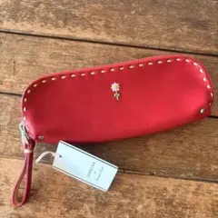 新品　ジュエルナローズ　ACE レザーペンケース　 柔らかな本革　お花刺繍　赤